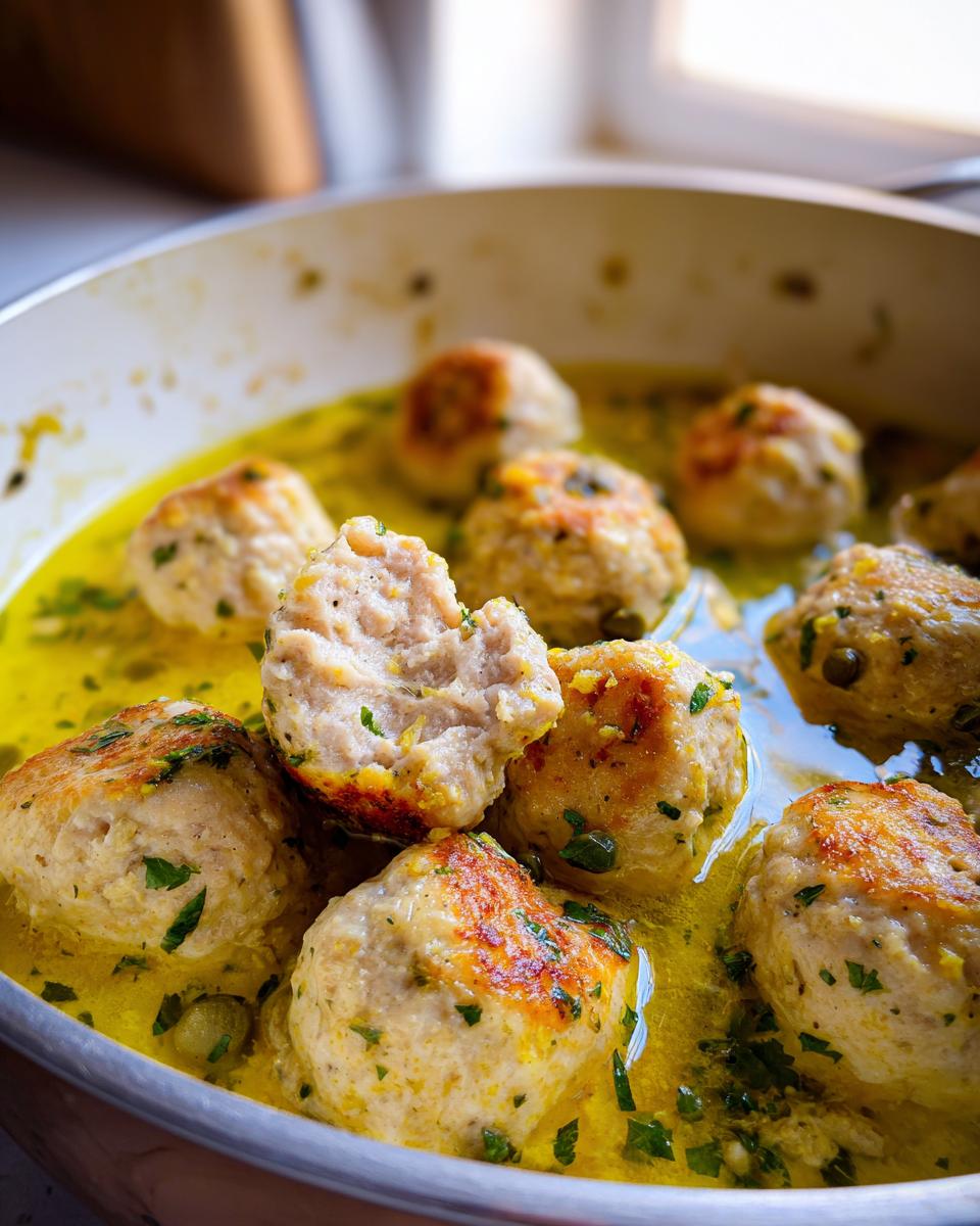 Close-up of golden-brown chicken piccata meatballs simmering in a bright lemon-caper sauce in a skillet.