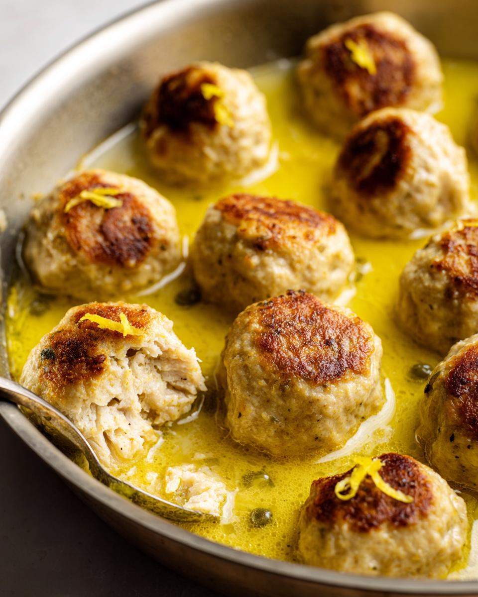 Close-up of browned chicken piccata meatballs simmering in a bright yellow lemon-caper sauce in a skillet.