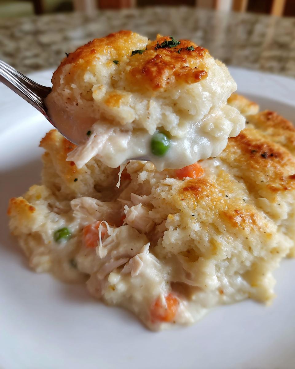 A spoonful of creamy chicken pot pie casserole, showing shredded chicken, peas, and carrots under a golden biscuit topping.