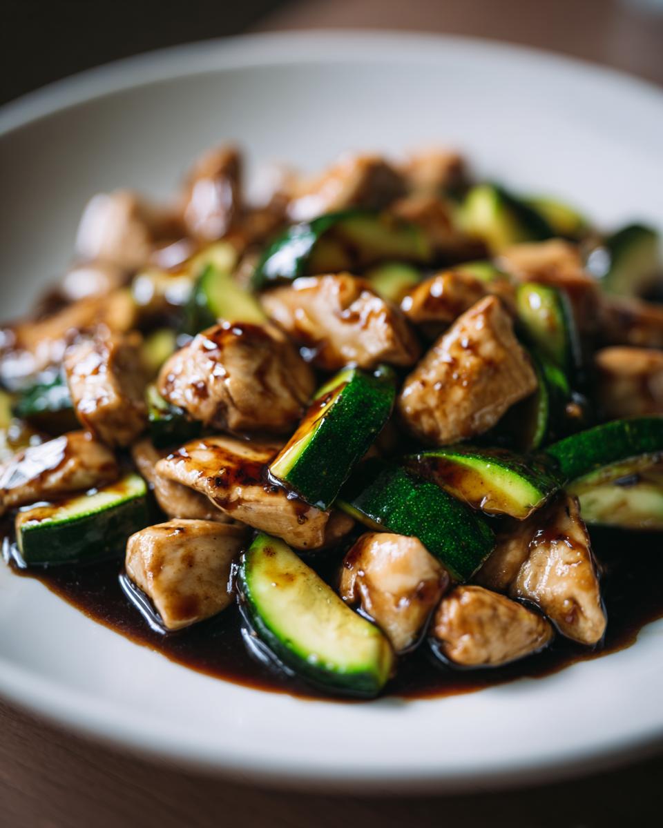 Close-up of glossy chicken zucchini stir fry pieces coated in a dark savory sauce served on a white plate.