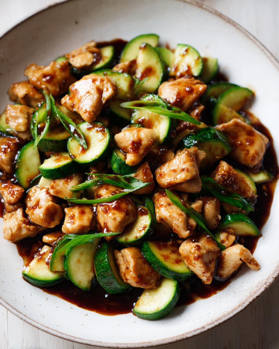 A close-up of delicious chicken zucchini stir fry featuring glossy chicken pieces and bright green zucchini slices coated in a dark sauce.