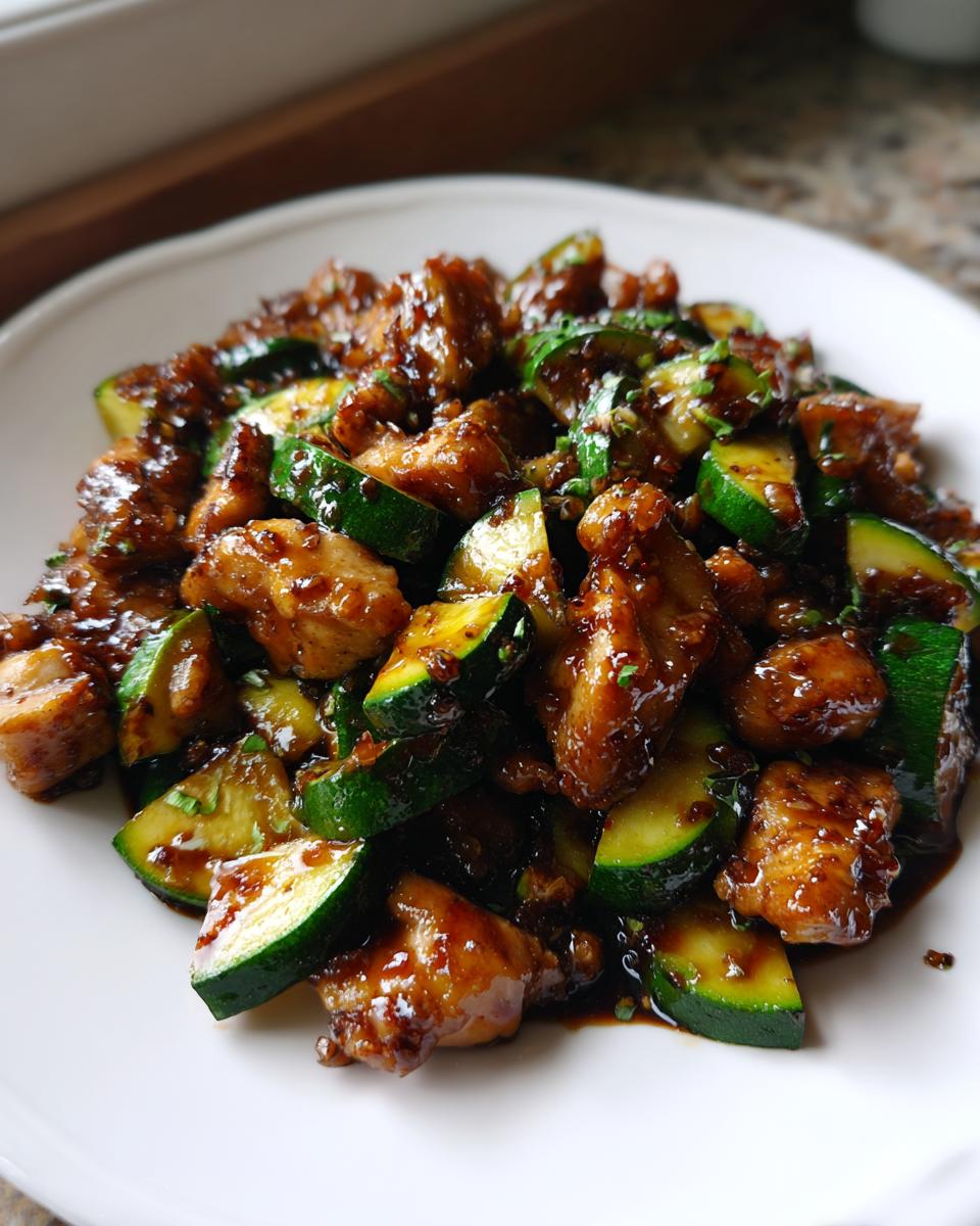 A close-up shot of glistening chicken zucchini stir fry coated in a dark sauce, served on a white plate.