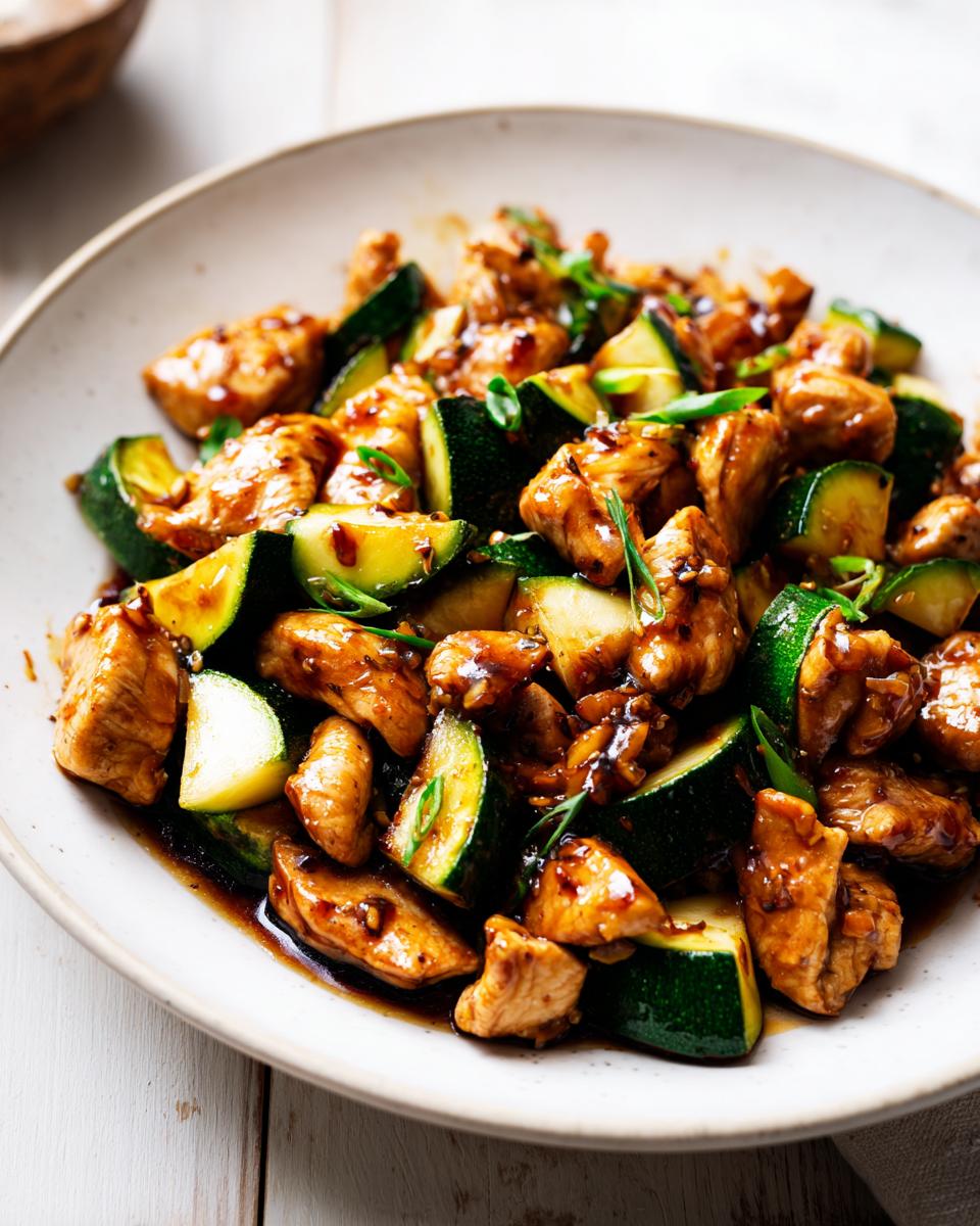 A close-up of a bowl filled with glossy chicken zucchini stir fry, coated in a dark savory sauce.
