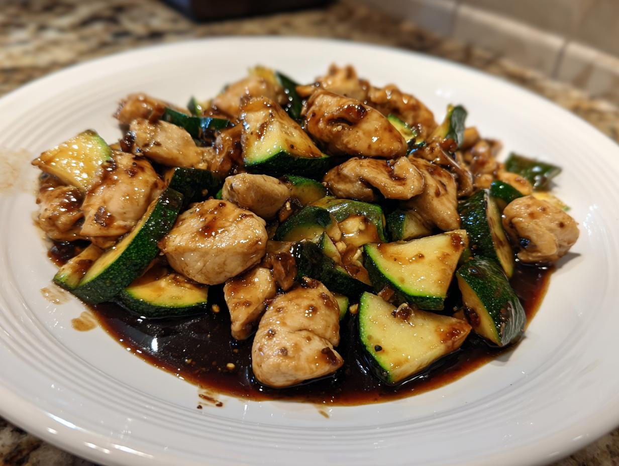 A close-up of a finished chicken zucchini stir fry coated in a dark savory sauce, served on a white plate.