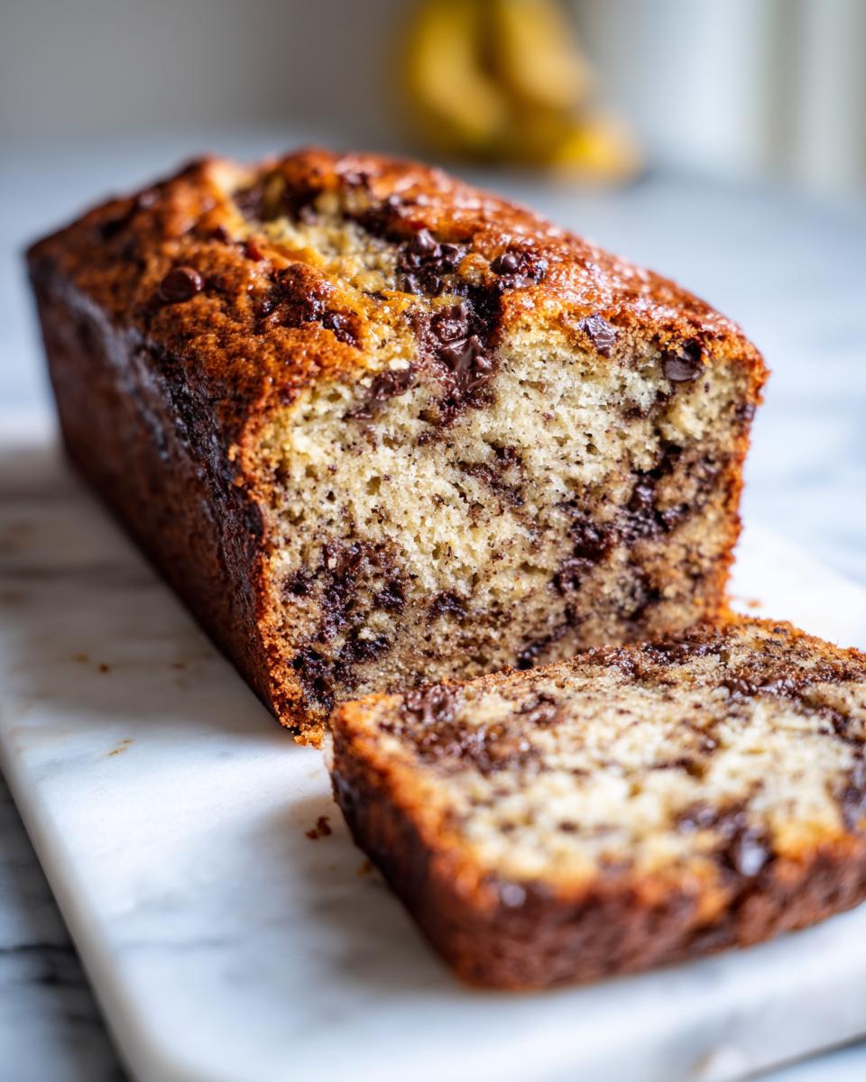 A close-up of the best banana bread loaf, featuring a rich, golden crust and visible chocolate chips throughout the moist crumb, with one slice cut.