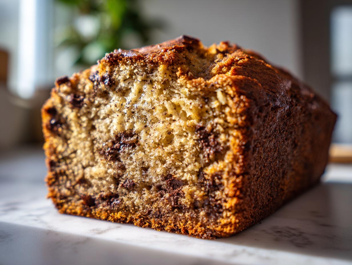 A close-up, sunlit cross-section of chocolate chip best banana bread showing moist crumb and dark crust.