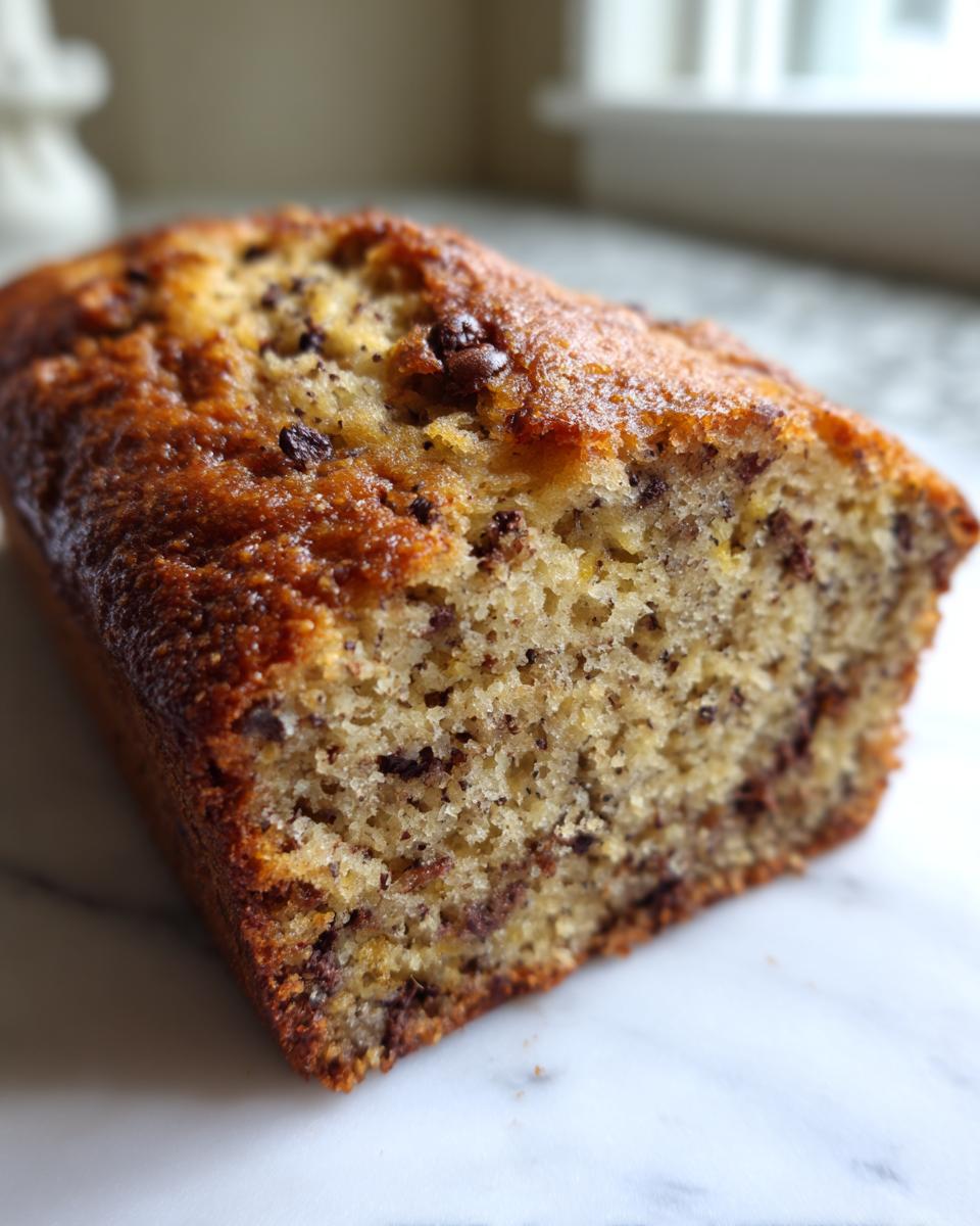 A moist, close-up cross-section of the best banana bread featuring visible chocolate chips and a golden-brown crust.