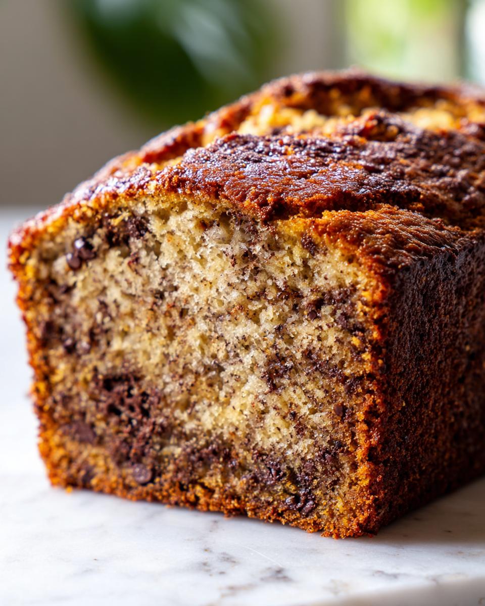 Cross-section view of the best banana bread loaf showing moist crumb and melted chocolate chips.