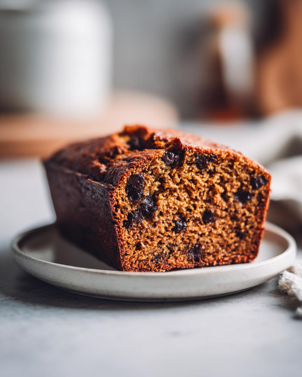 Close-up of a freshly baked loaf of vegan banana bread studded with chocolate chips, resting on a small plate.