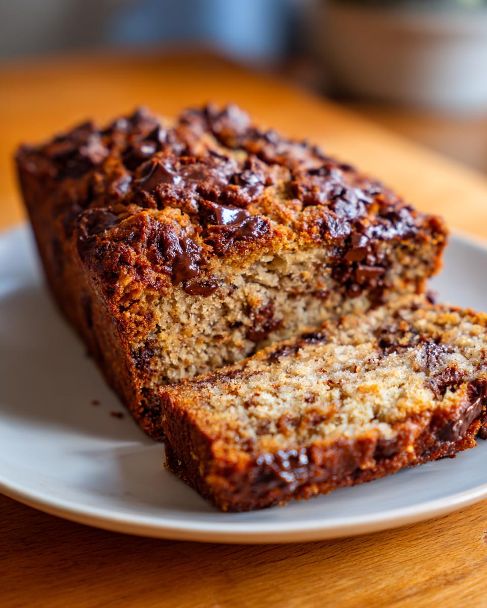 A moist loaf of chocolate chip vegan banana bread, partially sliced, sitting on a light plate.