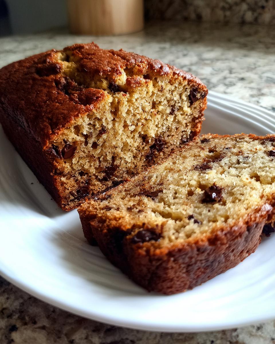Close-up of a freshly baked vegan banana bread loaf, sliced to show moist texture and chocolate chips.