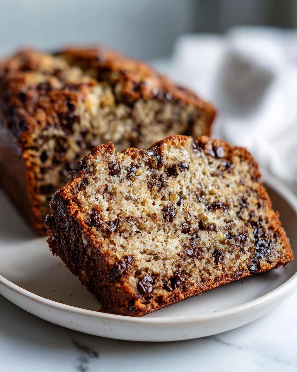 Close-up of a moist slice of vegan banana bread loaded with chocolate chips, with the loaf visible in the background.