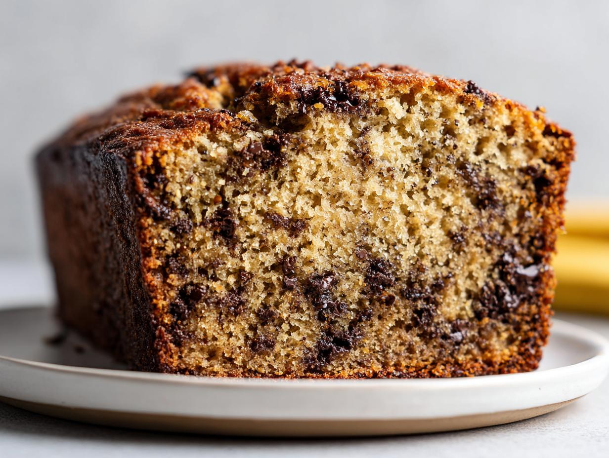 Close-up of a rich, moist slice of vegan banana bread loaded with chocolate chips.