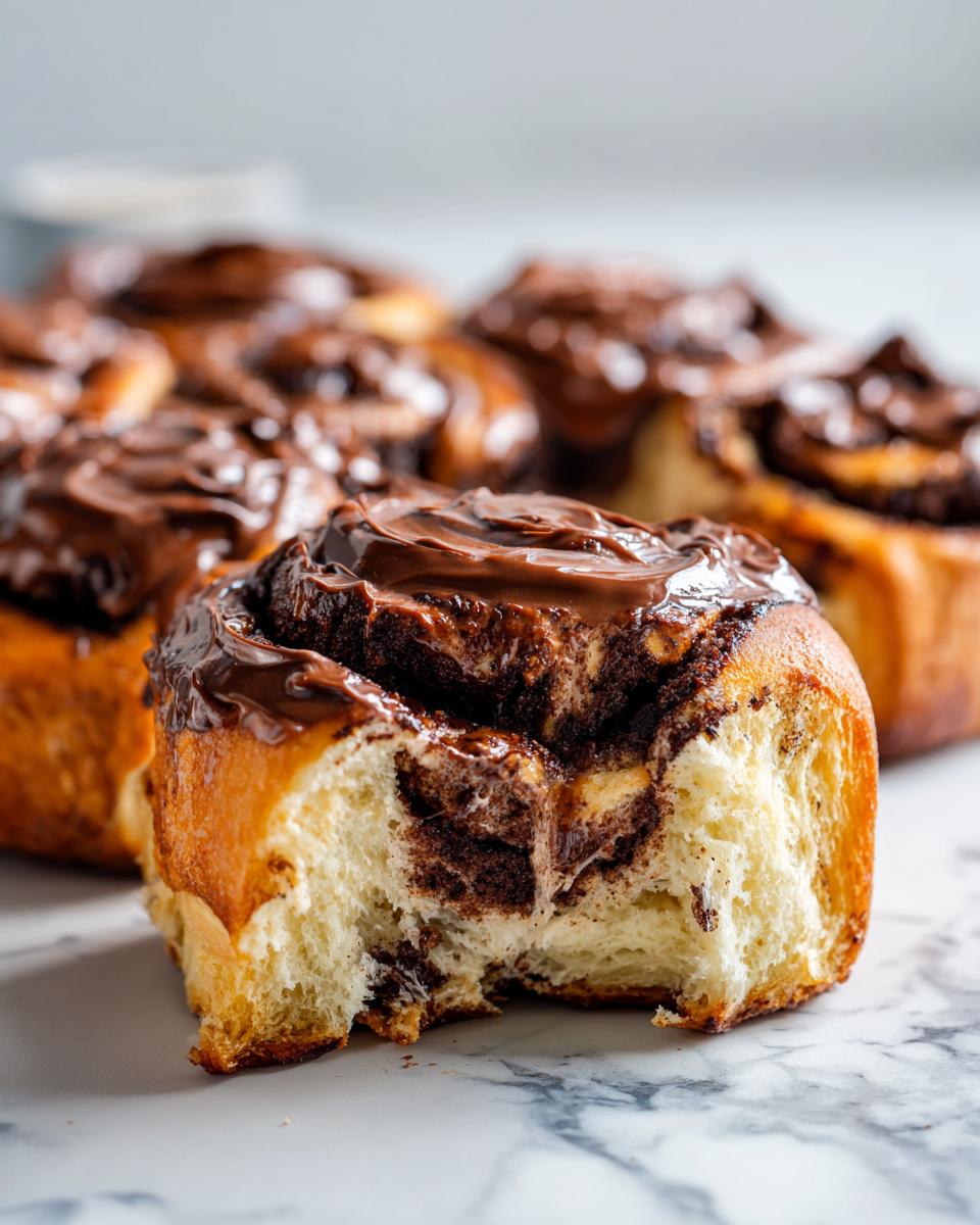 A close-up of a soft chocolate cinnamon rolls with a bite taken out, revealing the swirl and rich chocolate frosting.