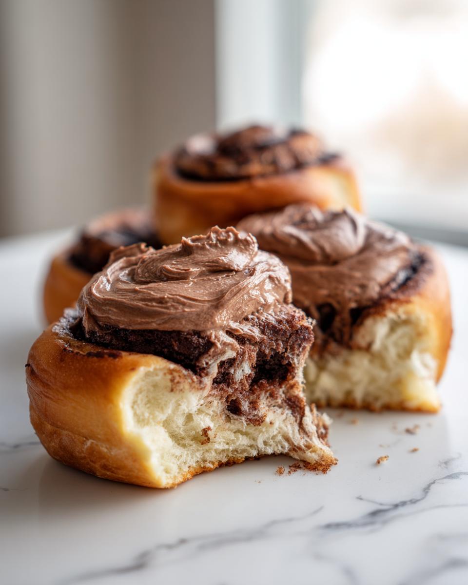 A close-up of a bitten chocolate cinnamon roll topped with thick chocolate frosting, showing the fluffy interior.