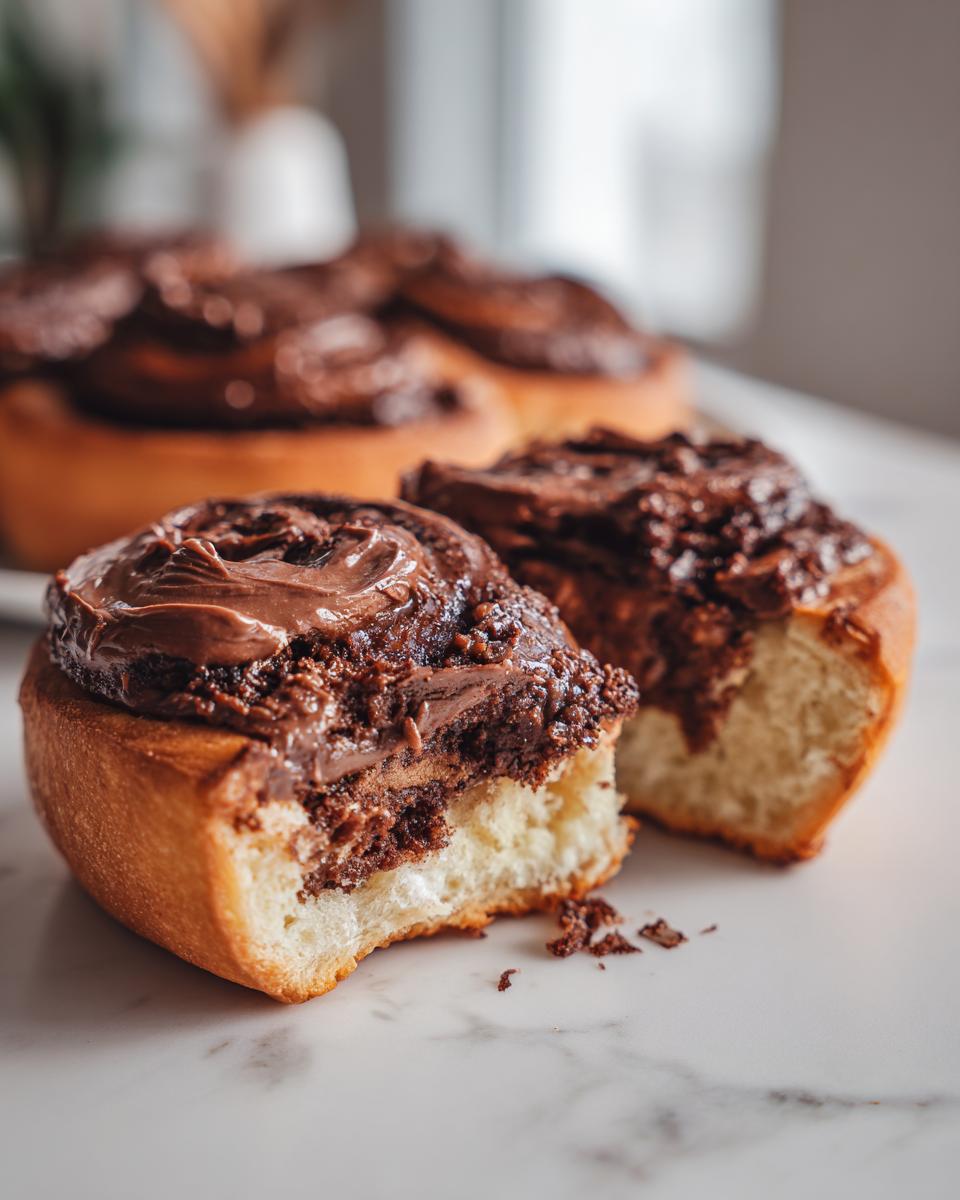 Close-up of a soft, fluffy chocolate cinnamon rolls, one with a bite taken out, revealing the interior and rich chocolate frosting.