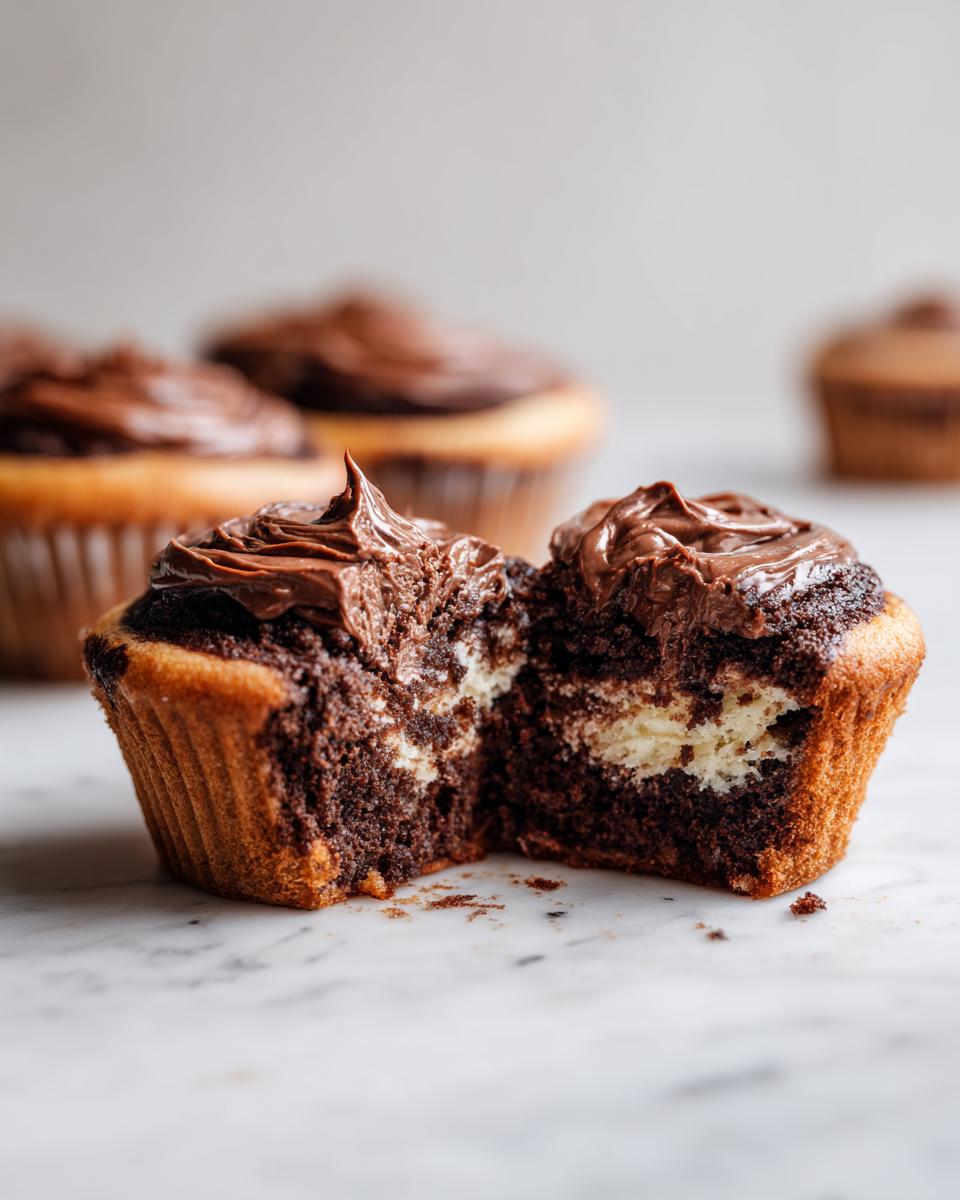 Close-up of a chocolate cinnamon roll cut in half showing a creamy white filling inside the dark chocolate swirl.