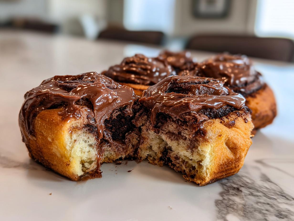 A close-up of one of the chocolate cinnamon rolls cut in half, showing the soft interior and thick chocolate frosting.