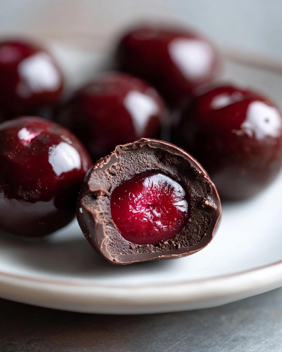 Close-up of a chocolate covered cherry cut in half showing the juicy cherry center inside the dark chocolate shell.