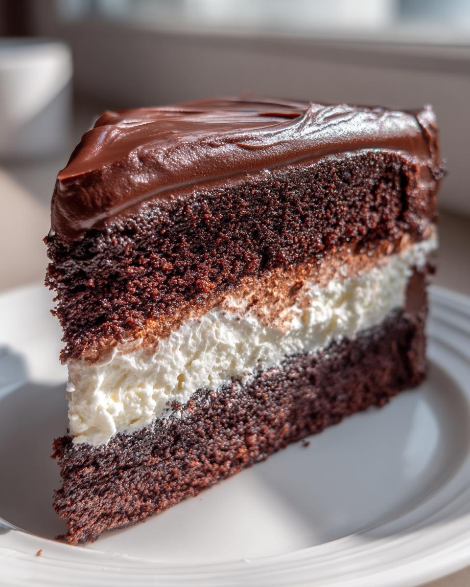 A decadent slice of layered chocolate cake with white cream filling, topped with chocolate ganache, reminiscent of an italian love cake.