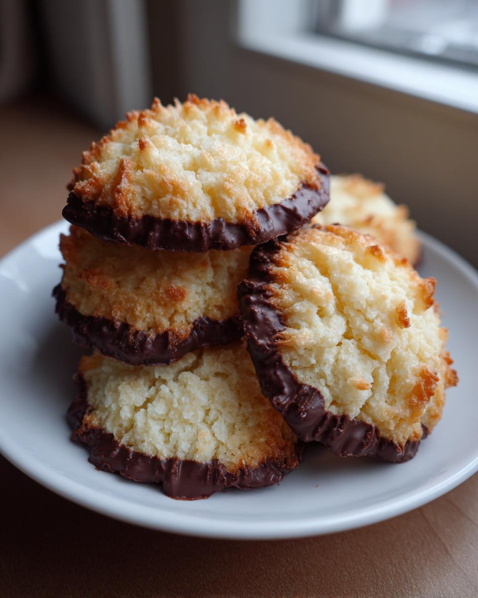 A stack of four golden brown italian butter cookies dipped in dark chocolate resting on a white plate.