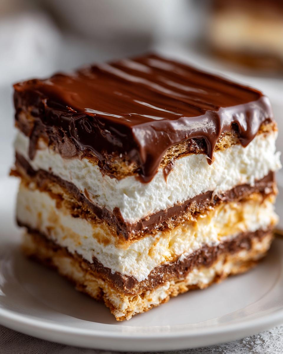 Close-up of a layered slice of chocolate eclair cake featuring graham crackers, cream filling, and rich chocolate glaze.