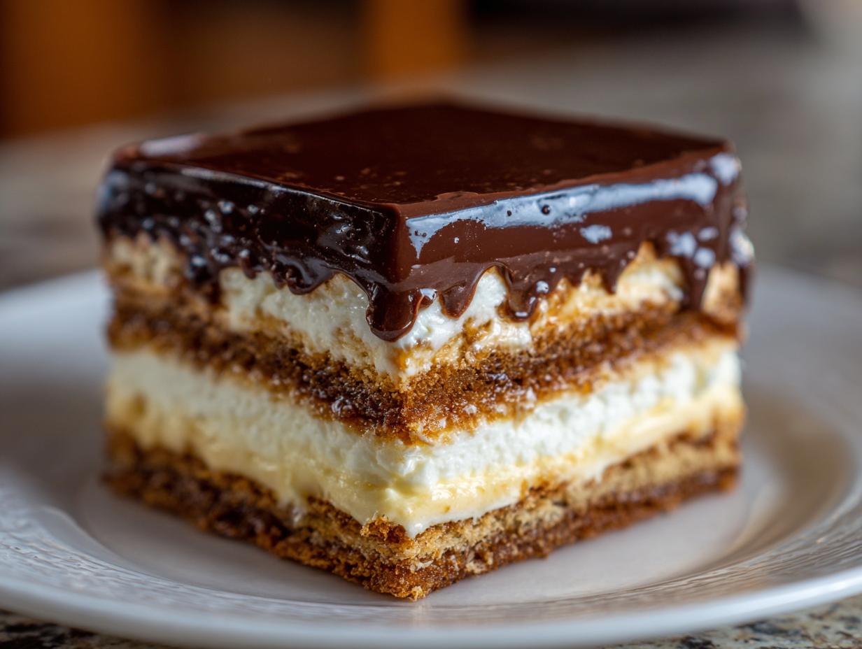 Close-up of a square slice of chocolate eclair cake showing layers of crust, cream filling, and rich chocolate ganache topping.