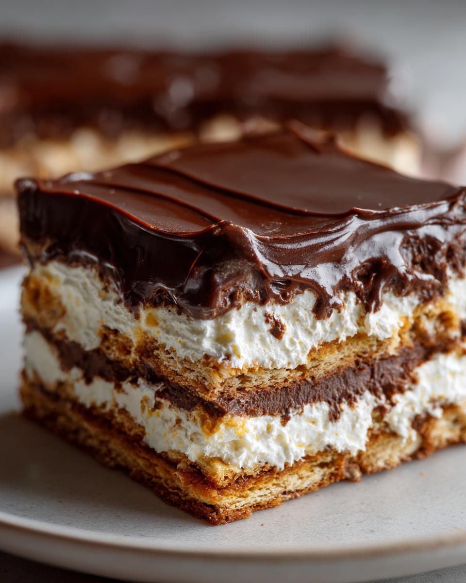 Close-up of a layered slice of chocolate eclair cake showing graham crackers, cream, and chocolate frosting.