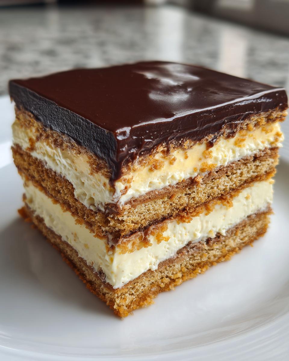 Close-up of a layered slice of chocolate eclair cake showing graham cracker crust, vanilla filling, and chocolate glaze.