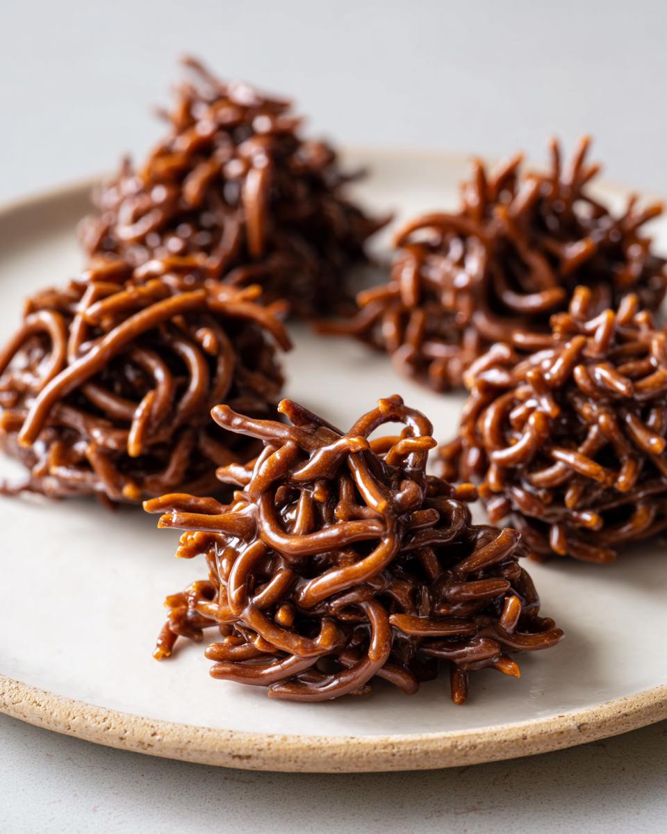 Four glossy, chocolate haystack cookies made with chow mein noodles piled on a light ceramic plate.