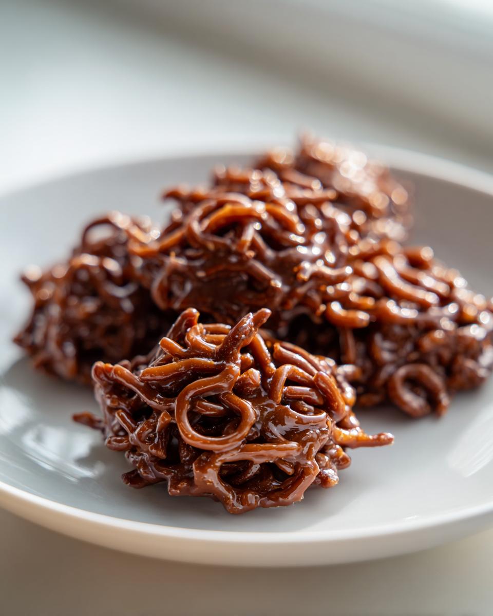 Close-up of shiny, chocolate-coated haystack cookies made with chow mein noodles on a light gray plate.
