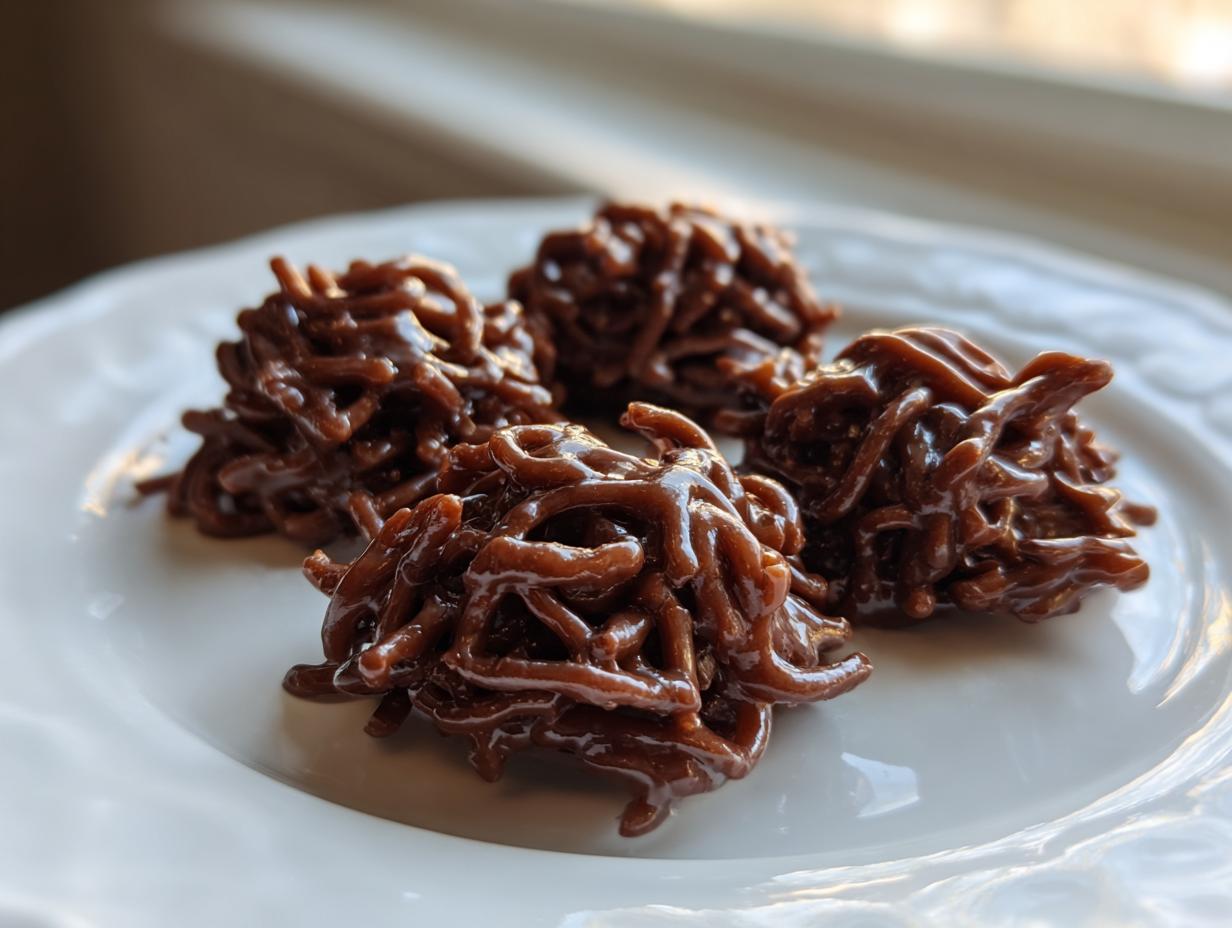 Four glistening chocolate haystack cookies made with chow mein noodles sitting on a white plate.