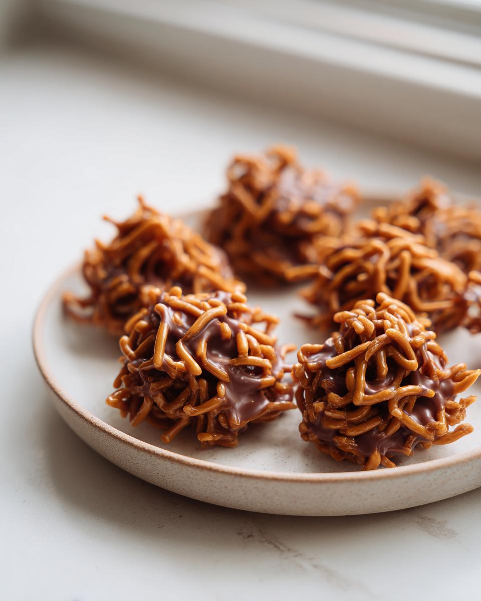 Close-up of several chocolate-coated haystack cookies resting on a light speckled plate near a window.