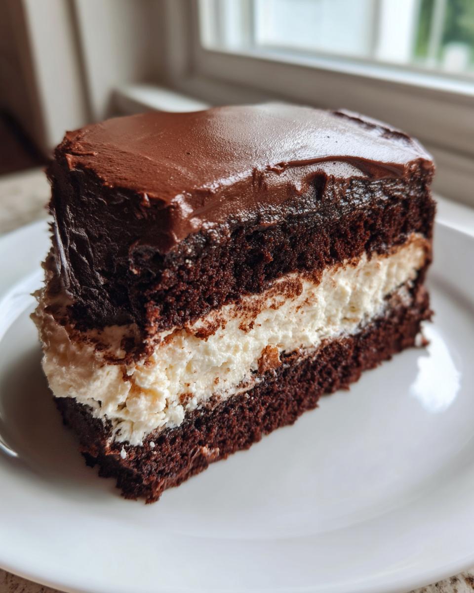 A decadent slice of chocolate italian love cake featuring dark chocolate layers and a thick white cream filling, topped with ganache.