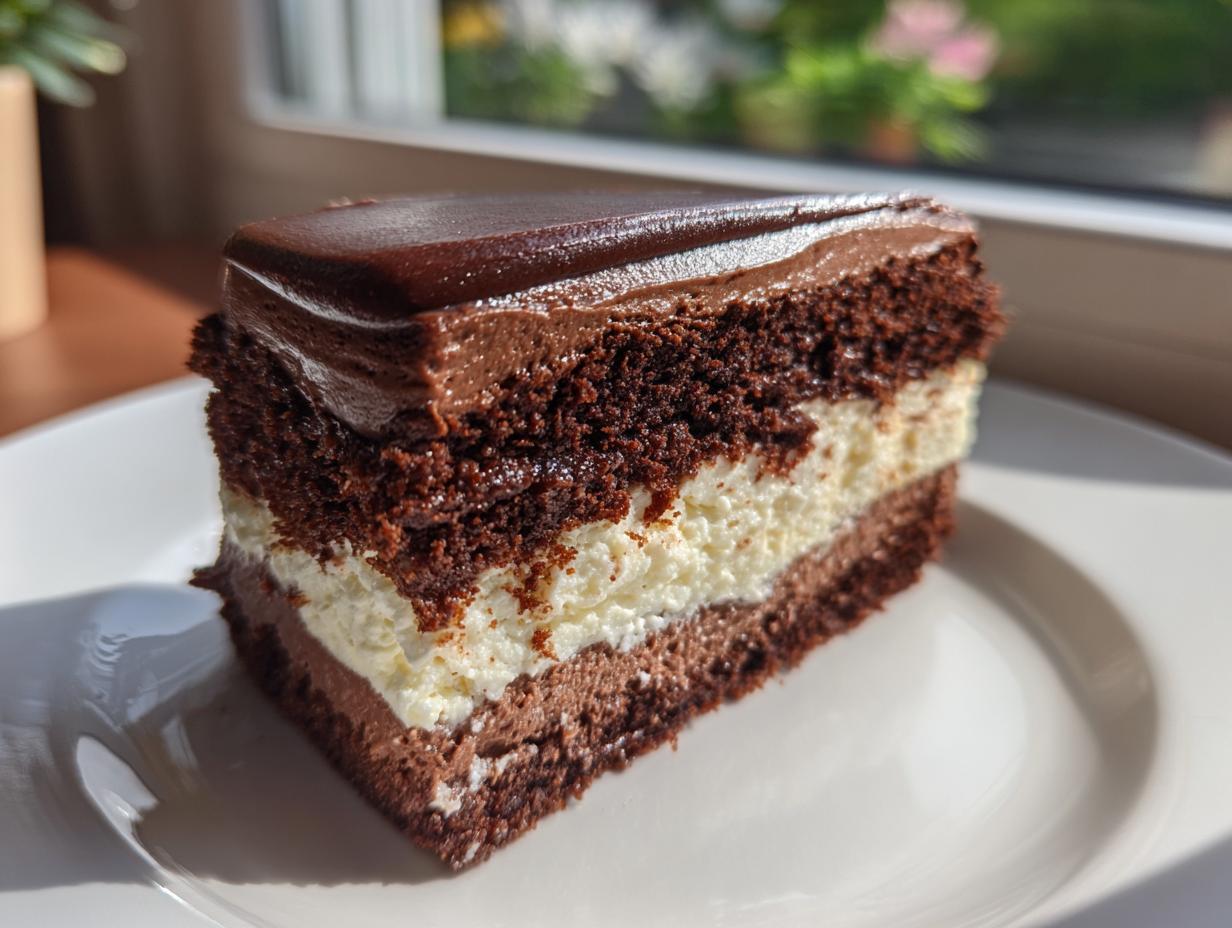A decadent slice of layered chocolate cake, resembling an italian love cake, featuring dark sponge, white cream filling, and chocolate ganache.