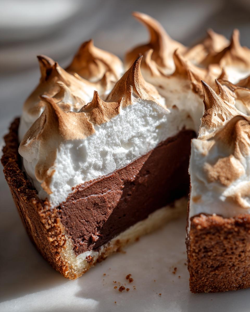 Close-up of a slice of chocolate meringue pie showing rich chocolate filling and perfectly toasted meringue peaks.