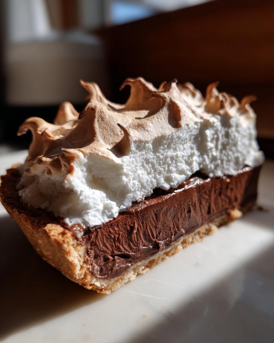 Close-up of a slice of chocolate meringue pie showing the dark chocolate filling and toasted meringue peaks.