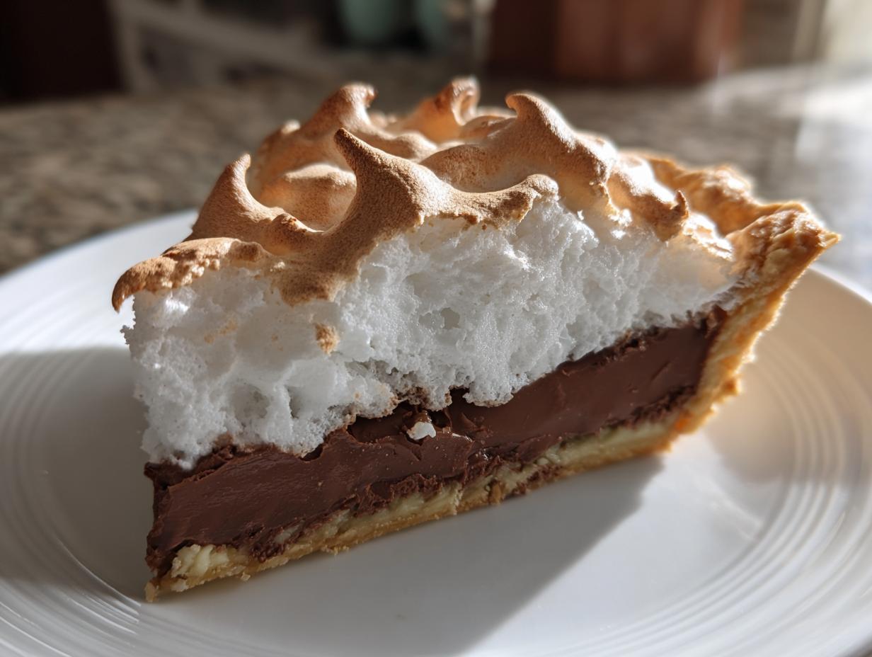A tall slice of chocolate meringue pie showing layers of crust, rich chocolate filling, and fluffy, toasted meringue.