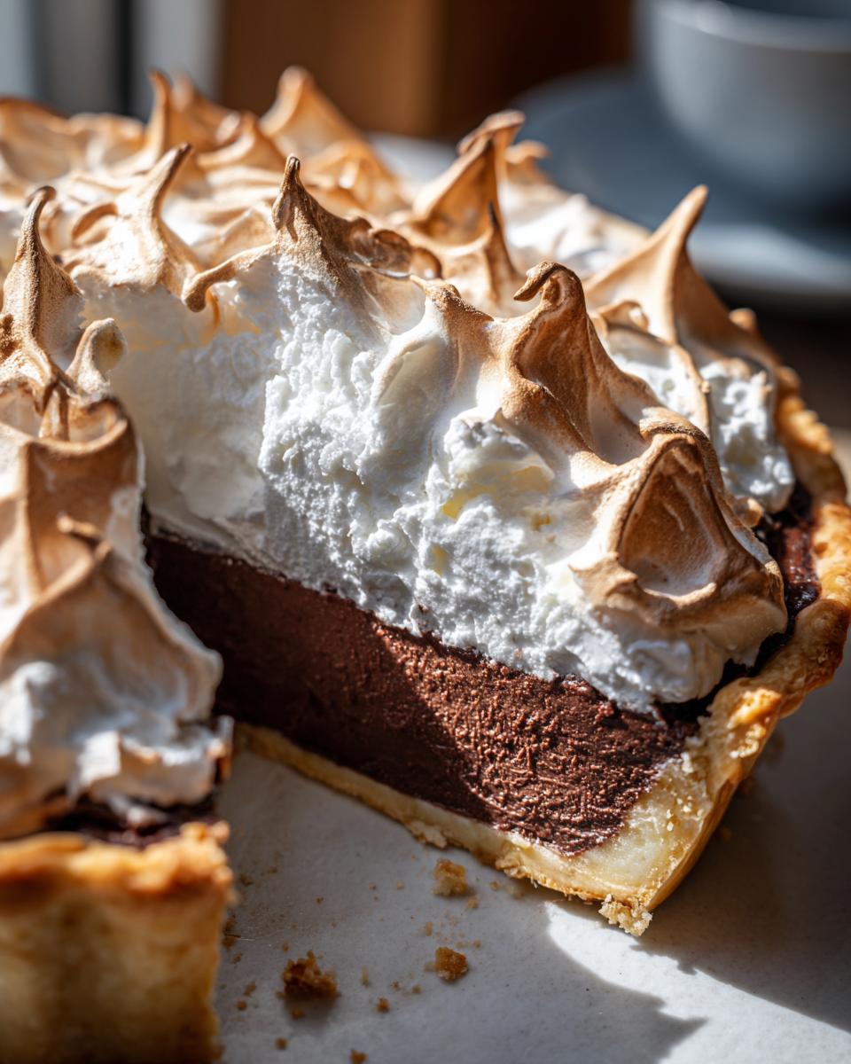 Close-up of a slice removed from a rich chocolate meringue pie, showing the dark filling and tall, toasted meringue peaks.