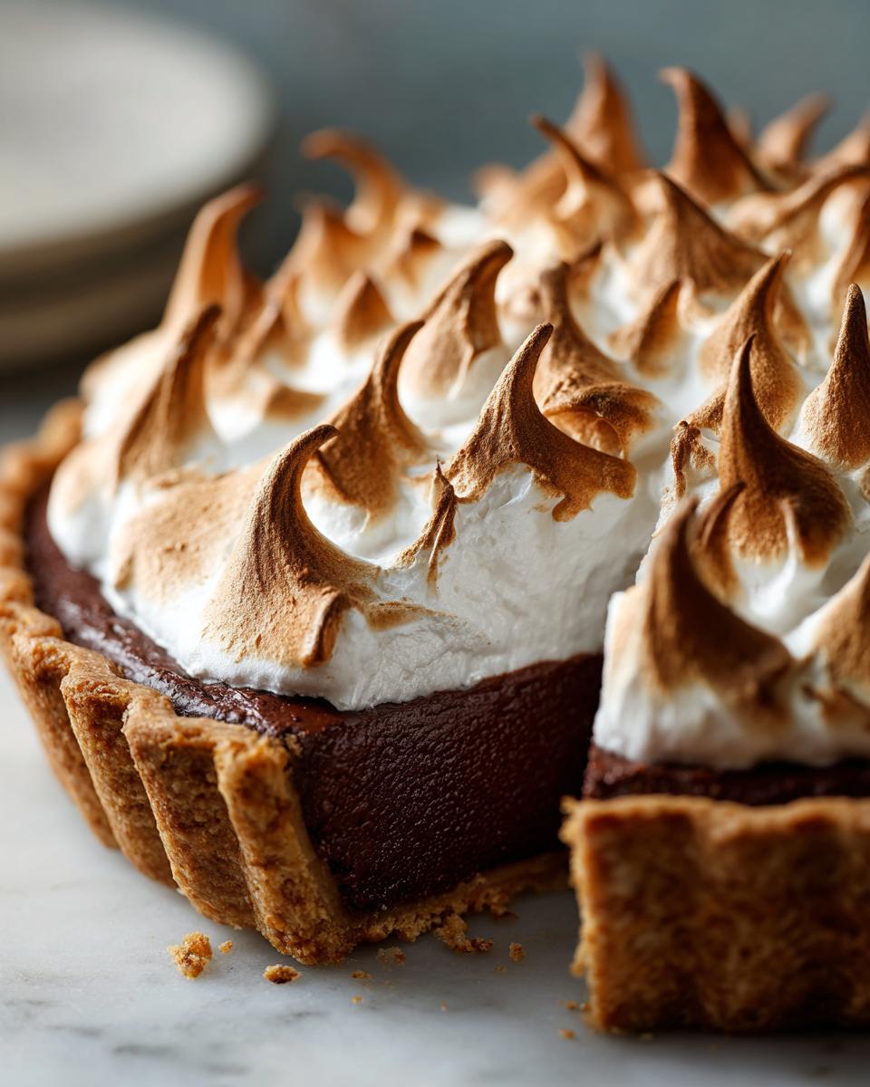 A rich chocolate meringue pie with perfectly torched, spiky meringue topping, a slice has been cut out.