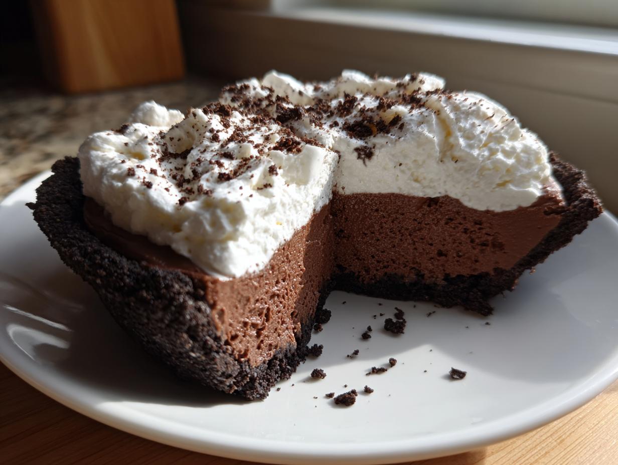 A close-up of a slice of chocolate mousse pie with a dark crust, rich filling, and topped with whipped cream and chocolate shavings.
