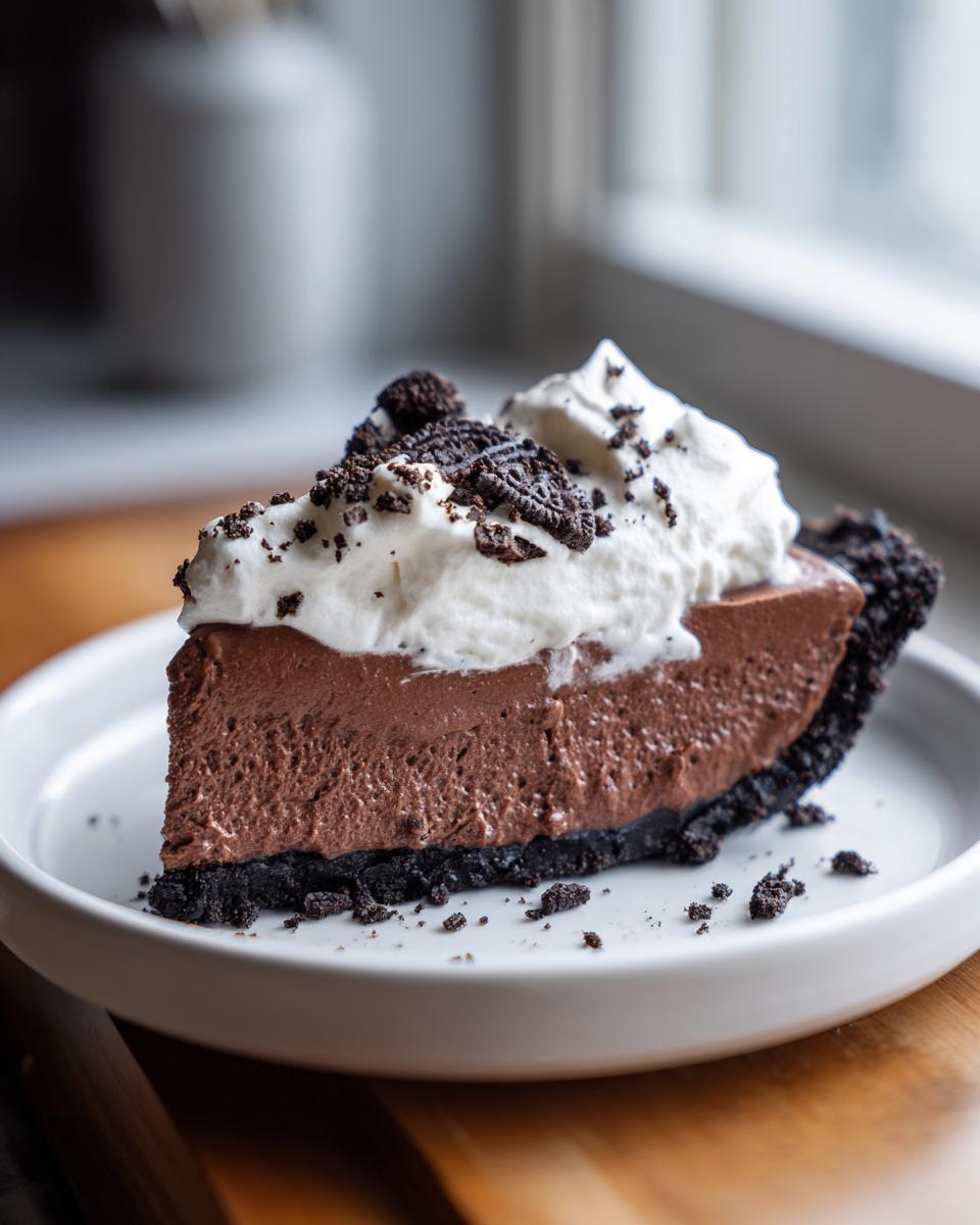 A perfect slice of rich chocolate mousse pie with a dark crust, topped with whipped cream and cookie crumbles.