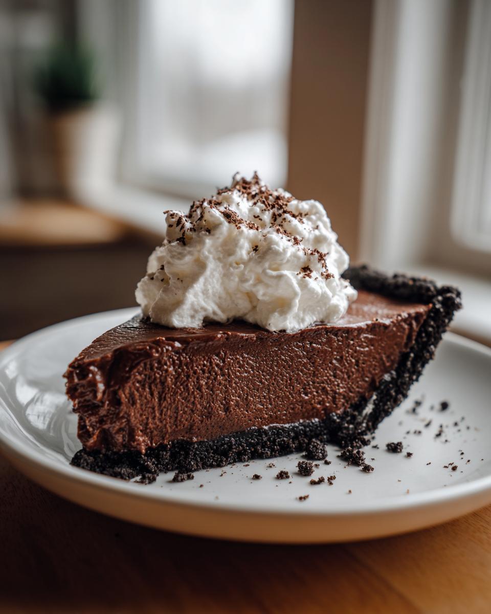 A rich slice of chocolate mousse pie with a dark crust, topped with whipped cream and chocolate shavings.