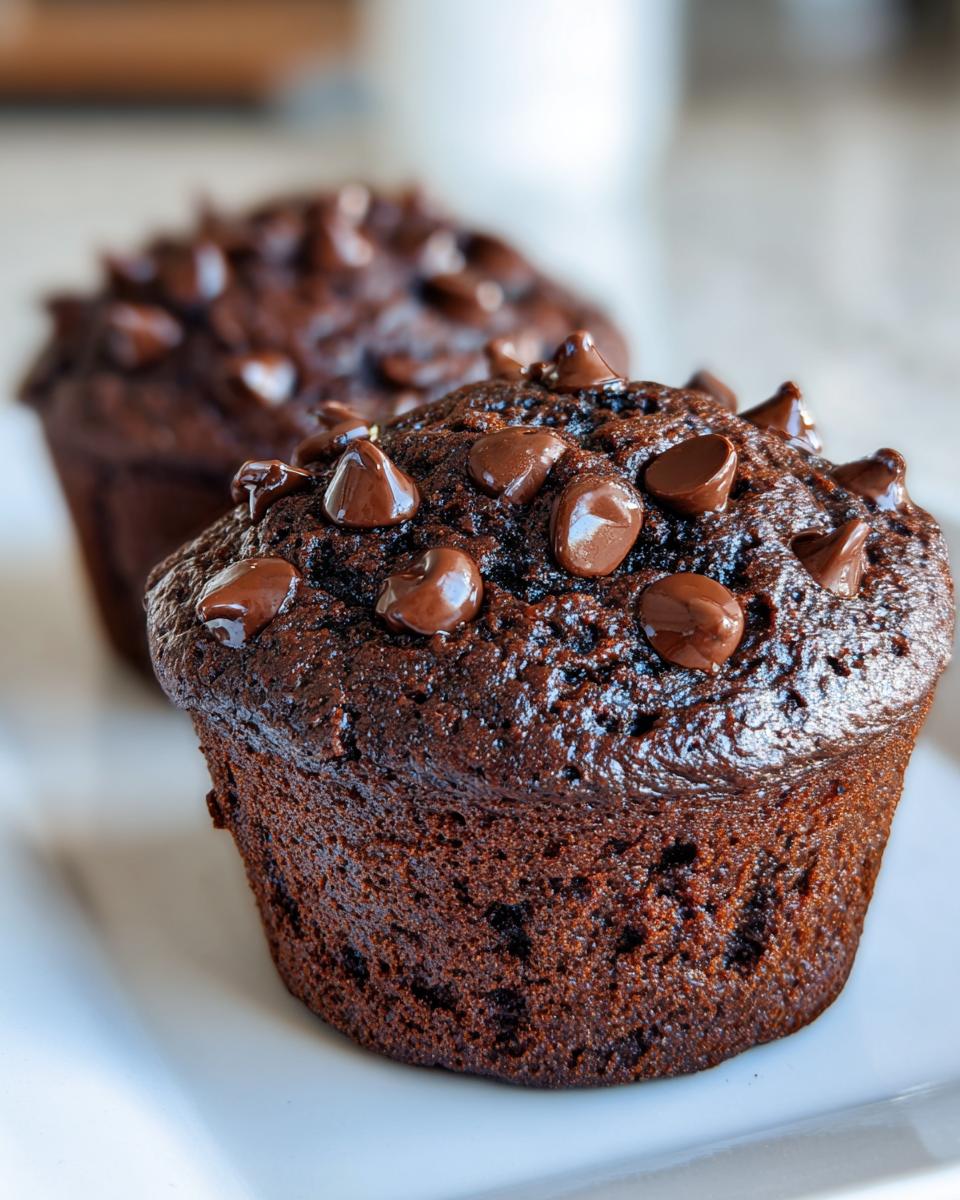 Close-up of a moist, dark chocolate zucchini muffins topped generously with melted chocolate chips.