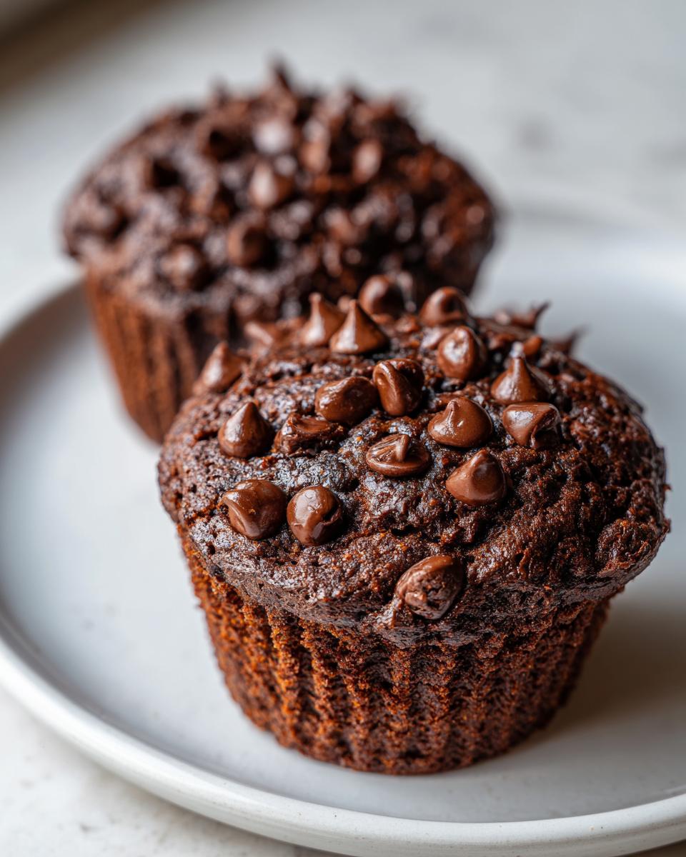 Close-up of two rich, dark chocolate zucchini muffins generously topped with melted chocolate chips on a white plate.