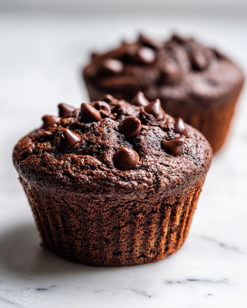 Close-up of a rich, dark chocolate zucchini muffins topped generously with chocolate chips on a white marble surface.