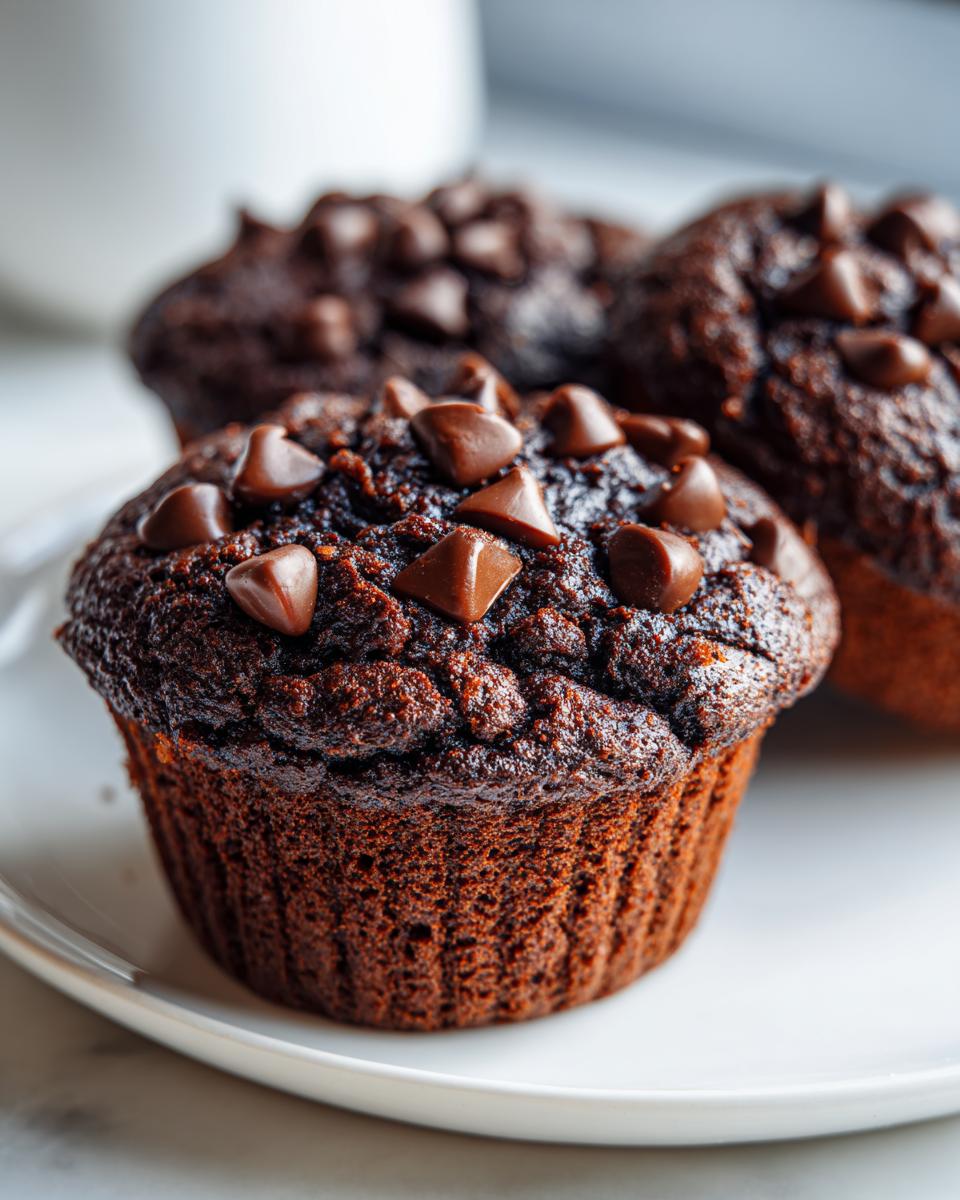 Close-up of a rich, dark chocolate zucchini muffins topped generously with melted chocolate chips.