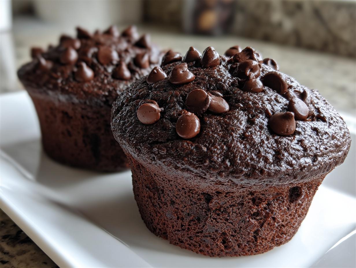 Two rich, dark chocolate zucchini muffins topped generously with chocolate chips, resting on a white plate.