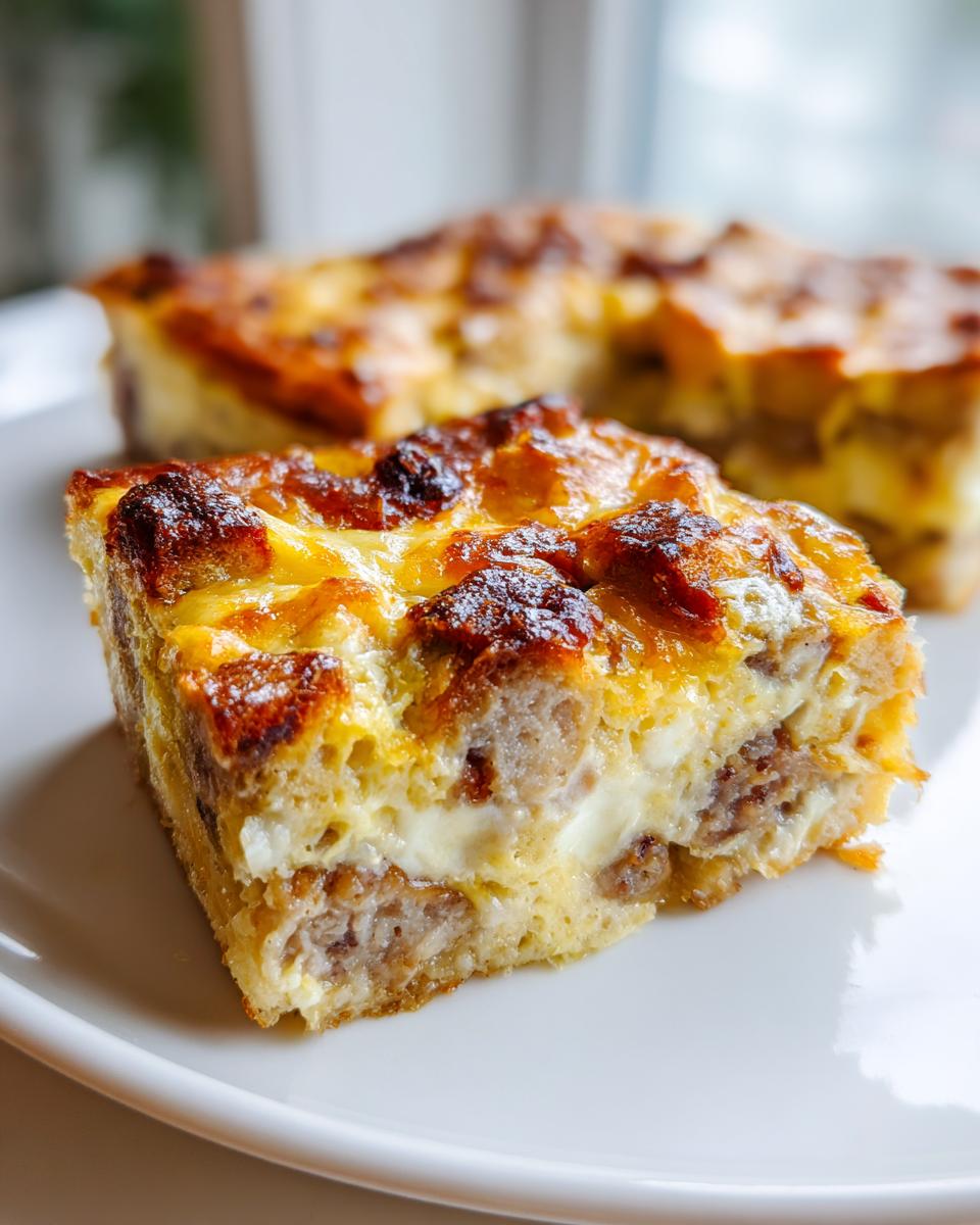 Close-up of a hearty slice of christmas breakfast casserole with sausage, eggs, and browned cheese topping.
