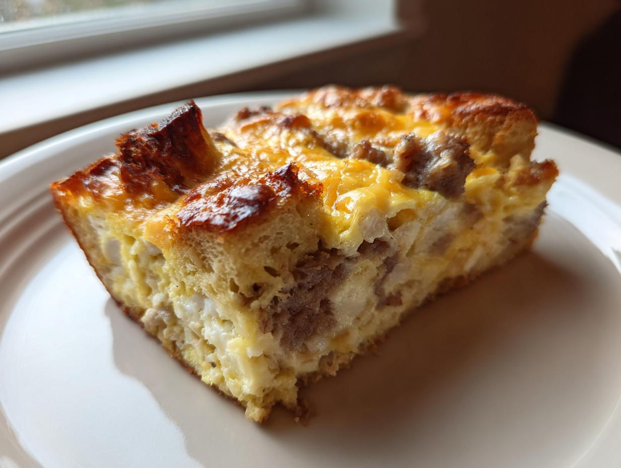 A close-up of a hearty slice of christmas breakfast casserole with sausage and golden-brown cheesy top.